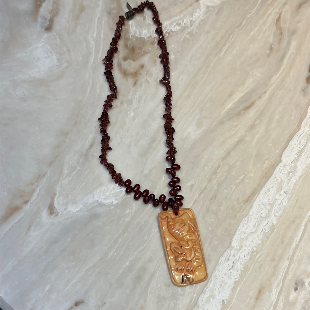 Artisan Gold and Red Beaded Necklace with Tiger 🐅